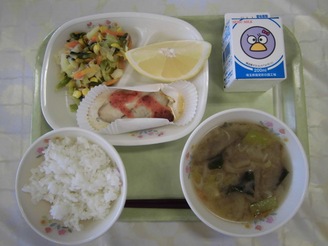 4月21日の献立 鰆のめんたいめんたいマヨネーズ焼き 深谷市立明戸小学校